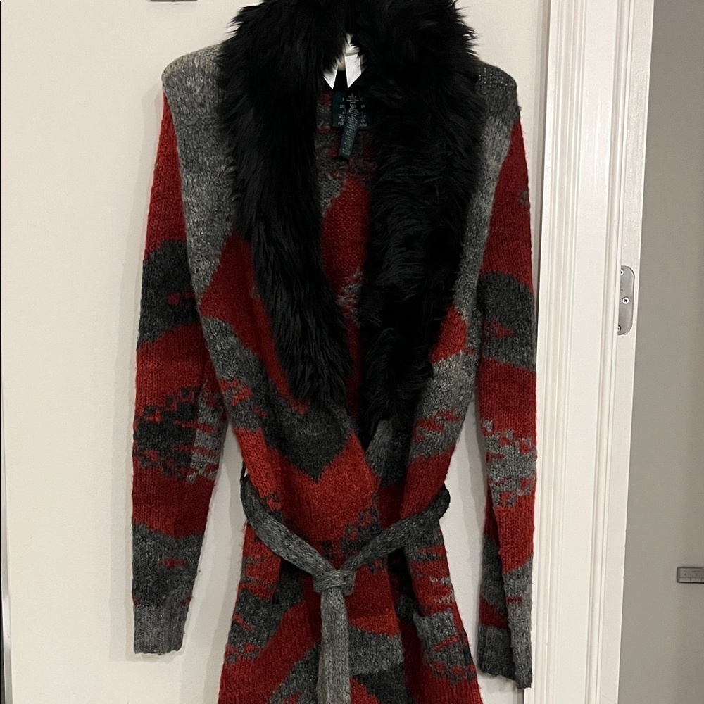 Ralph Lauren Red and Gray Cardigan with Black Fur Collar